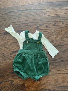 cloud island Green Corduroy Bubble Romper with Cream Knit Top
